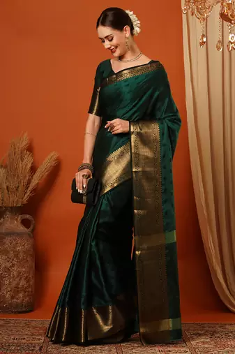Green Cotton Silk Zari Work Saree with Unstitched Blouse