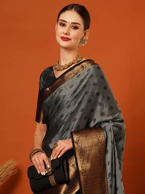 Grey Woven Zari Work Cotton Silk Saree With Blouse 1