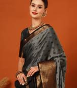 Grey Woven Zari Work Cotton Silk Saree With Blouse