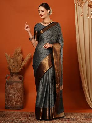 Grey Woven Zari Work Cotton Silk Saree With Blouse 2