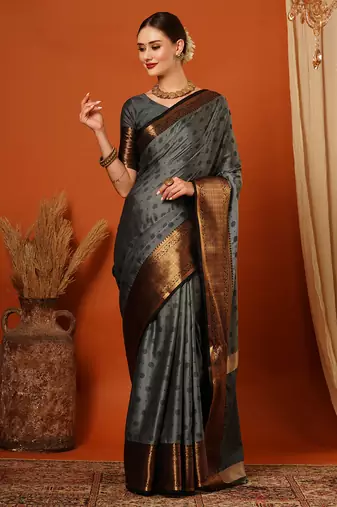 Grey Woven Zari Work Cotton Silk Saree With Blouse