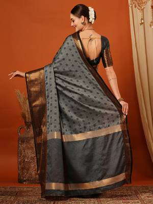 Grey Woven Zari Work Cotton Silk Saree With Blouse 3
