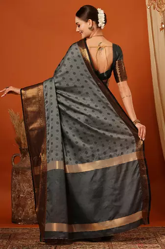 Grey Woven Zari Work Cotton Silk Saree With Blouse