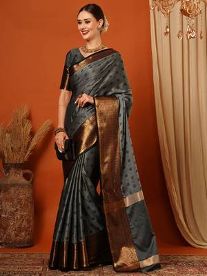 Grey Woven Zari Work Cotton Silk Saree With Blouse 4