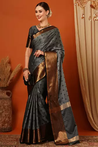 Grey Woven Zari Work Cotton Silk Saree With Blouse