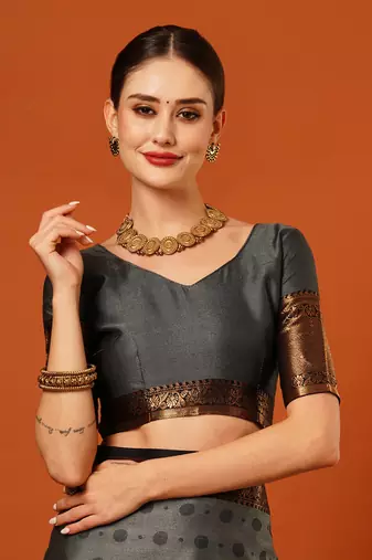 Grey Woven Zari Work Cotton Silk Saree With Blouse