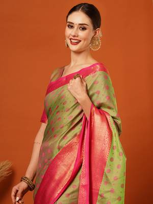Pista Woven Zari Work Cotton Silk Saree With Blouse 1