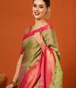 Pista Woven Zari Work Cotton Silk Saree With Blouse