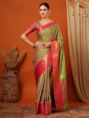 Pista Woven Zari Work Cotton Silk Saree With Blouse 2