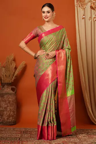 Pista Woven Zari Work Cotton Silk Saree With Blouse
