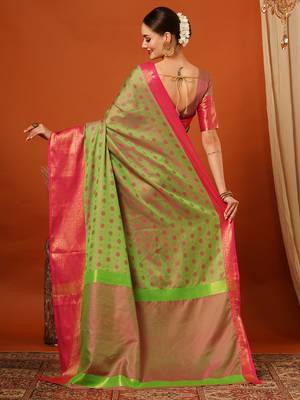 Pista Woven Zari Work Cotton Silk Saree With Blouse 3