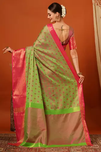 Pista Woven Zari Work Cotton Silk Saree With Blouse