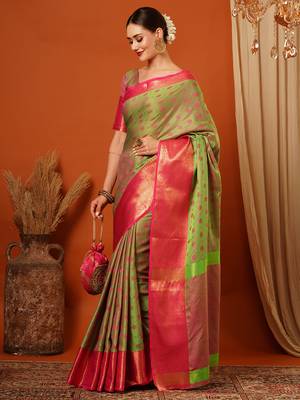 Pista Woven Zari Work Cotton Silk Saree With Blouse 4