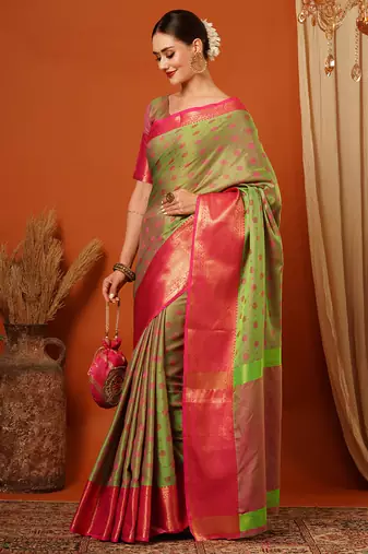 Pista Woven Zari Work Cotton Silk Saree With Blouse
