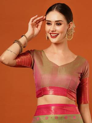 Pista Woven Zari Work Cotton Silk Saree With Blouse 5