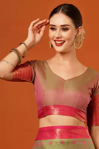 Pista Woven Zari Work Cotton Silk Saree With Blouse