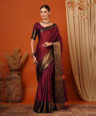 Red Cotton Silk Zari work Embroidered Saree with Blouse 1