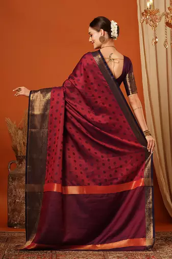 Red Cotton Silk Zari work Embroidered Saree with Blouse