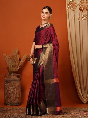 Red Cotton Silk Zari work Embroidered Saree with Blouse 4