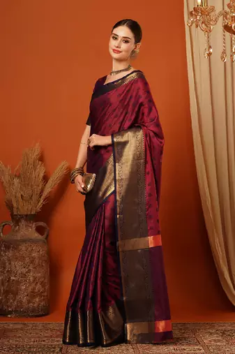 Red Cotton Silk Zari work Embroidered Saree with Blouse