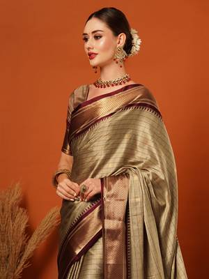 Beige Woven Zari Work Checks Cotton Silk Saree With Blouse 1