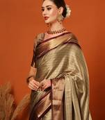 Beige Woven Zari Work Checks Cotton Silk Saree With Blouse
