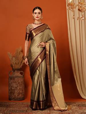 Beige Woven Zari Work Checks Cotton Silk Saree With Blouse 2