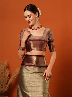 Beige Woven Zari Work Checks Cotton Silk Saree With Blouse 5