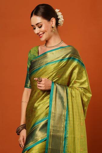 Lime Woven Zari Work Checks Cotton Silk Saree With Blouse