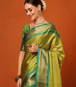 Lime Woven Zari Work Checks Cotton Silk Saree With Blouse