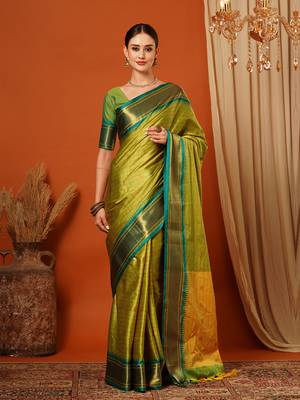 Lime Woven Zari Work Checks Cotton Silk Saree With Blouse 2
