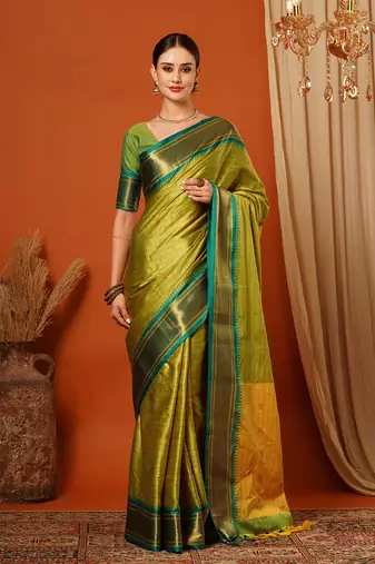 Lime Woven Zari Work Checks Cotton Silk Saree With Blouse