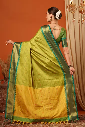Lime Woven Zari Work Checks Cotton Silk Saree With Blouse