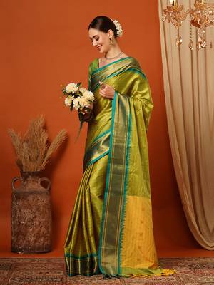 Lime Woven Zari Work Checks Cotton Silk Saree With Blouse 4
