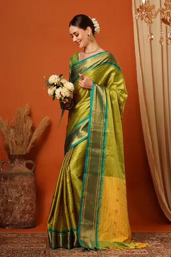 Lime Woven Zari Work Checks Cotton Silk Saree With Blouse
