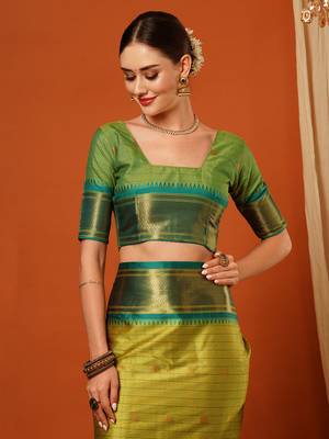 Lime Woven Zari Work Checks Cotton Silk Saree With Blouse 5
