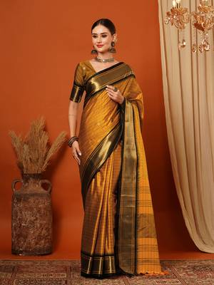 Mustard Cotton Silk Zari Woven Traditional Saree 2