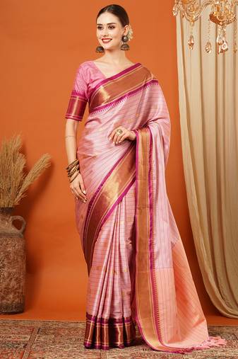 Peach Woven Zari Work Checks Cotton Silk Saree With Blouse
