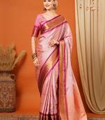Peach Woven Zari Work Checks Cotton Silk Saree With Blouse