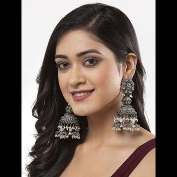 Oxidized long dangler earrings silver plated jhumka jhumki earrings german silver jhumka for women 1