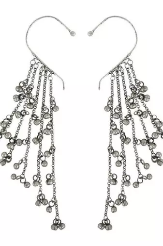 Handmade silver non pierced ghungroo earcuff earrings oxidized indian drop earrings german silver