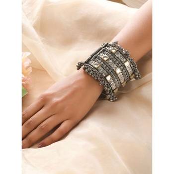 Hand cuff ghungroo bangles black polish german silver hippie jewelry oxidised silver plated bracelet 2