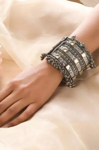 Hand cuff ghungroo bangles black polish german silver hippie jewelry oxidised silver plated bracelet