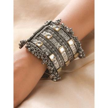 Hand cuff ghungroo bangles black polish german silver hippie jewelry oxidised silver plated bracelet 3