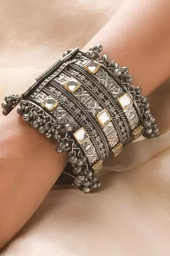 Hand cuff ghungroo bangles black polish german silver hippie jewelry oxidised silver plated bracelet
