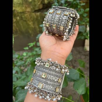 Hand cuff ghungroo bangles black polish german silver hippie jewelry oxidised silver plated bracelet 4