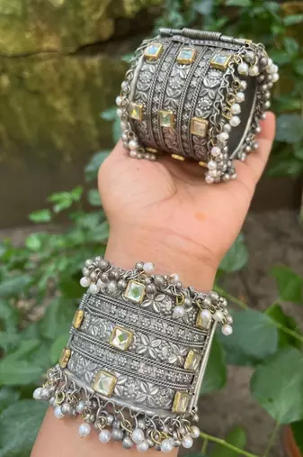 Hand cuff ghungroo bangles black polish german silver hippie jewelry oxidised silver plated bracelet