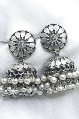 Silver jhumka earrings replica pearl drop earrings-indian earrings oxidized german silver earrings