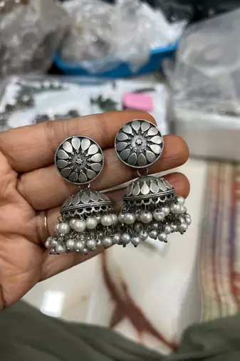 Silver jhumka earrings replica pearl drop earrings-indian earrings oxidized german silver earrings