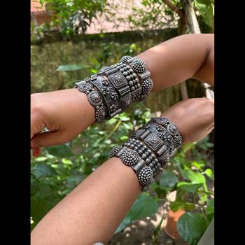 Set of 5 pc indian oxidised silver plated hand bracelet antique silver look screw openable kada 2